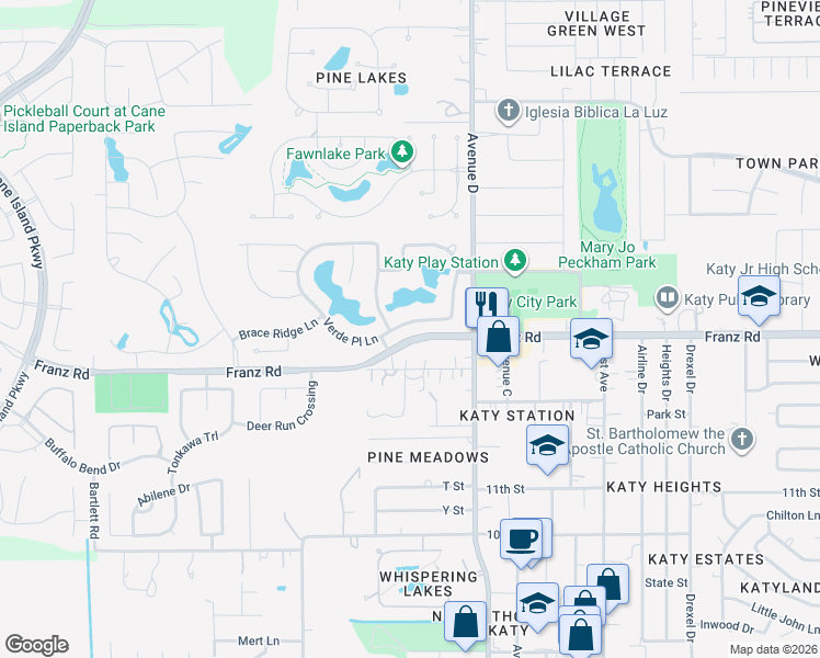 map of restaurants, bars, coffee shops, grocery stores, and more near 6007 Verde Place Lane in Katy