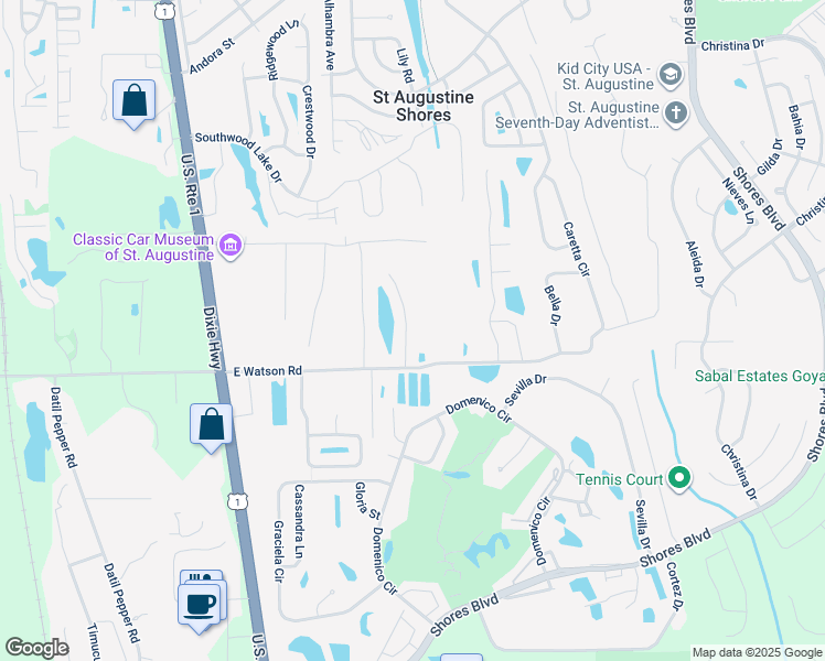 map of restaurants, bars, coffee shops, grocery stores, and more near 88 Amistad Drive in St. Augustine
