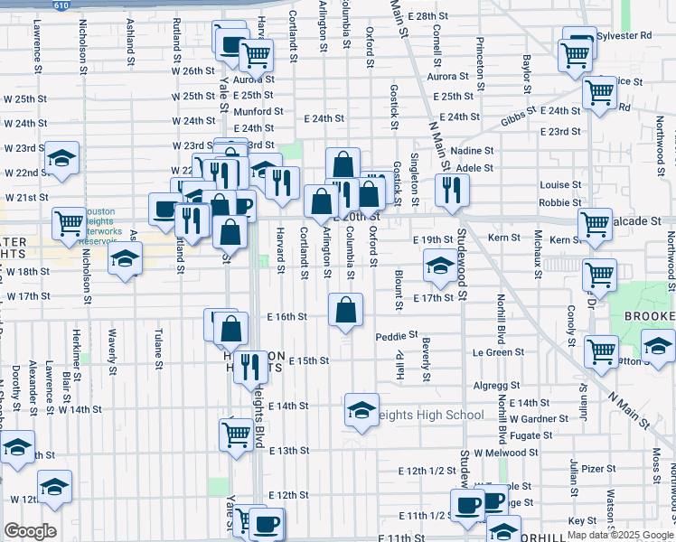 map of restaurants, bars, coffee shops, grocery stores, and more near 414 East 18th Street in Houston