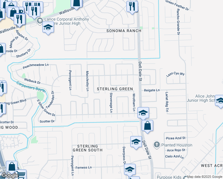 map of restaurants, bars, coffee shops, grocery stores, and more near 15202 Bedford Glen Drive in Channelview