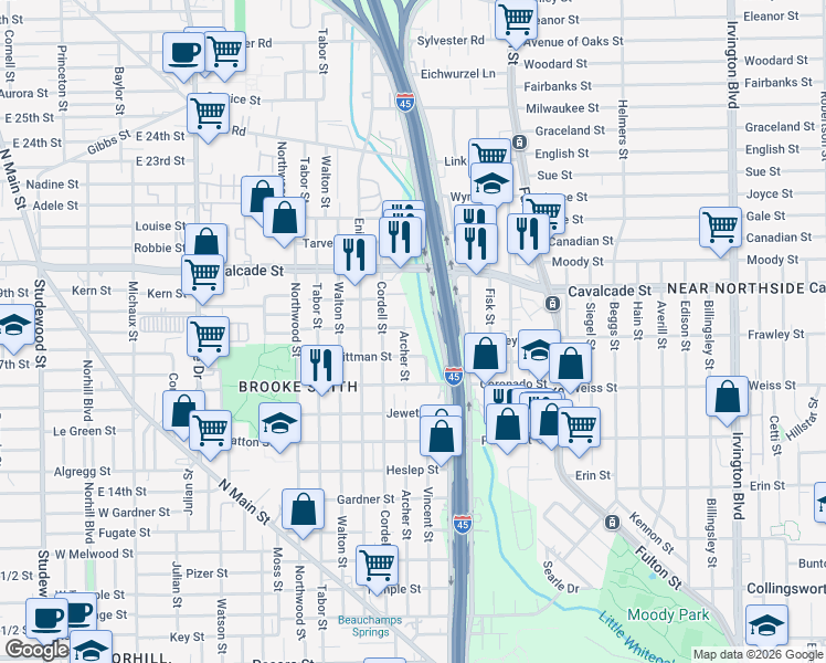 map of restaurants, bars, coffee shops, grocery stores, and more near 611 Mathis Street in Houston