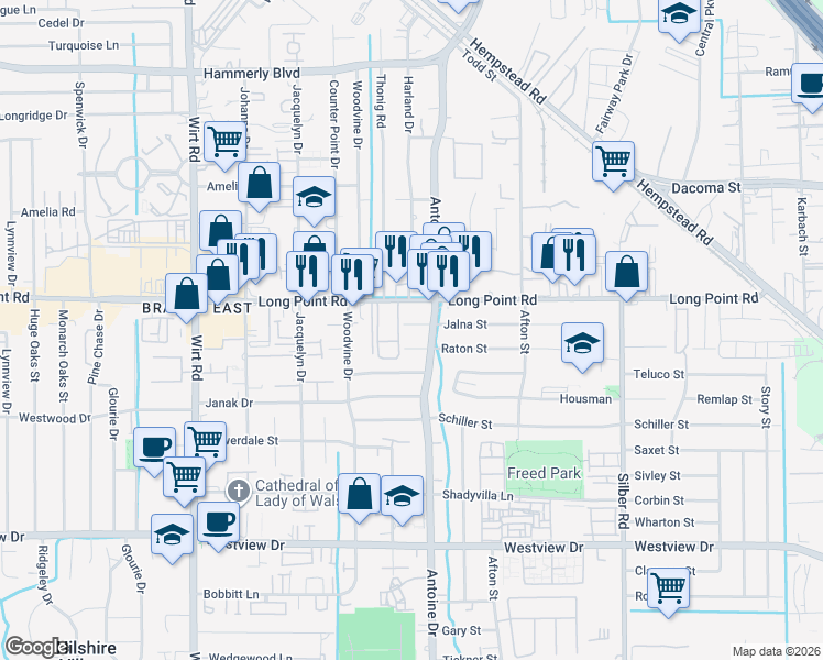 map of restaurants, bars, coffee shops, grocery stores, and more near 7419 Jalna Street in Houston