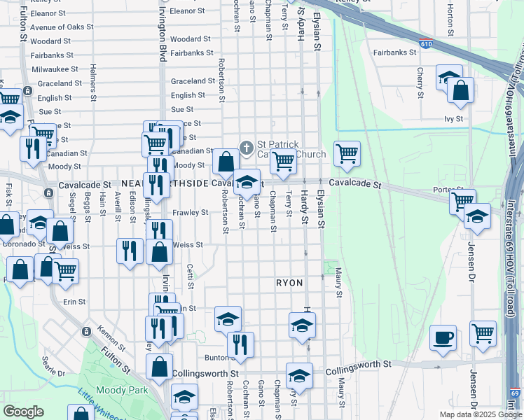 map of restaurants, bars, coffee shops, grocery stores, and more near 4604 Gano Street in Houston