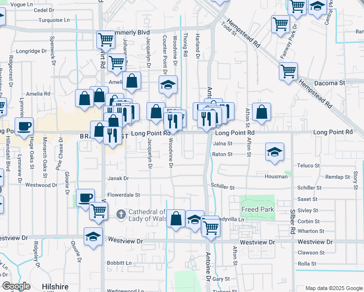 map of restaurants, bars, coffee shops, grocery stores, and more near 7507 Long Point Road in Houston