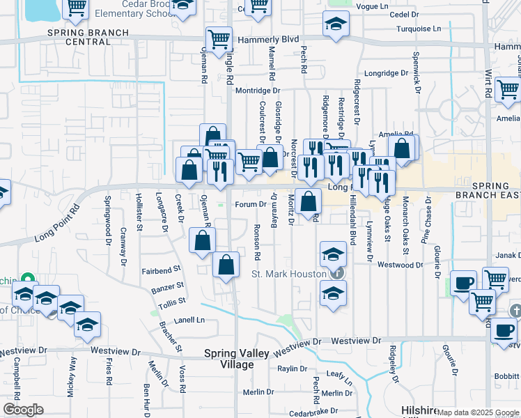 map of restaurants, bars, coffee shops, grocery stores, and more near 8529 Forum Drive in Houston