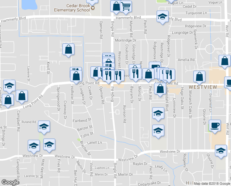 map of restaurants, bars, coffee shops, grocery stores, and more near 8565 Forum Drive in Houston