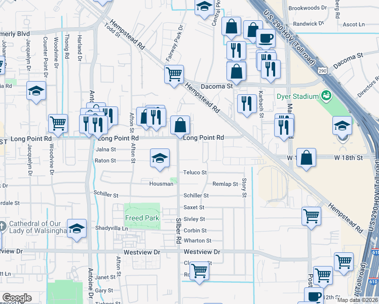 map of restaurants, bars, coffee shops, grocery stores, and more near 6621 Long Point Road in Houston