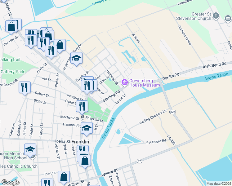 map of restaurants, bars, coffee shops, grocery stores, and more near Sterling Road in Franklin