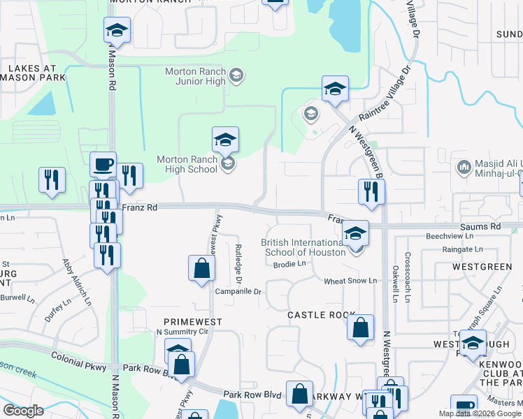 map of restaurants, bars, coffee shops, grocery stores, and more near 20431 Franz Road in Katy