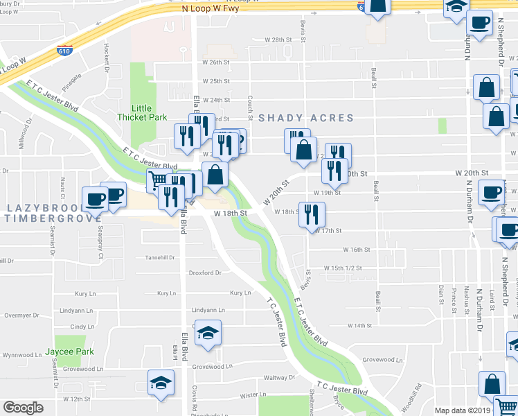 map of restaurants, bars, coffee shops, grocery stores, and more near West 18th Street in Houston