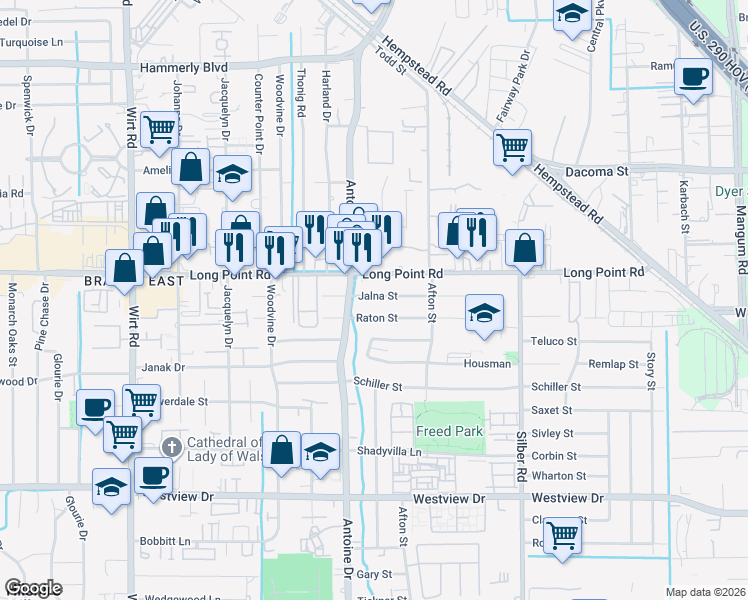 map of restaurants, bars, coffee shops, grocery stores, and more near 7323 Jalna Street in Houston