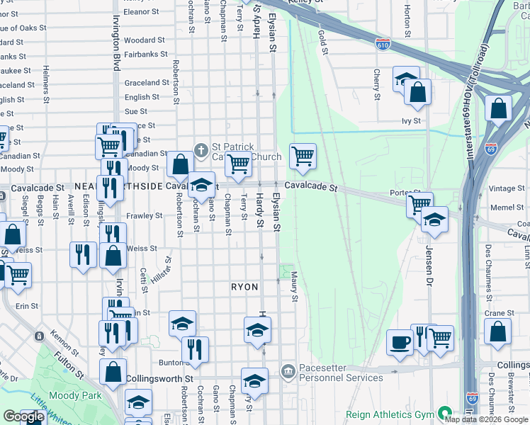 map of restaurants, bars, coffee shops, grocery stores, and more near 4602 Hardy Street in Houston