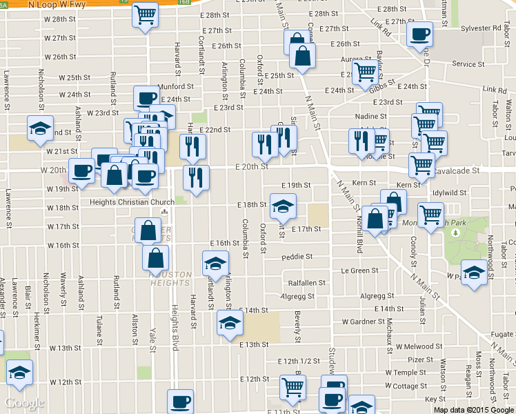 map of restaurants, bars, coffee shops, grocery stores, and more near 1721 Oxford Street in Houston