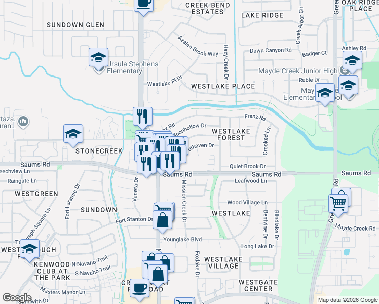 map of restaurants, bars, coffee shops, grocery stores, and more near 2314 Pepperweed Drive in Houston