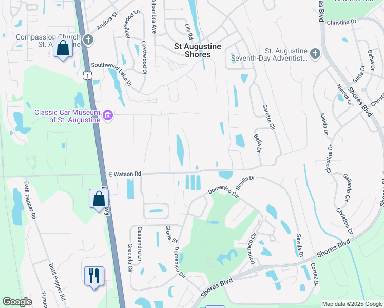 map of restaurants, bars, coffee shops, grocery stores, and more near 97 Amistad Drive in St. Augustine
