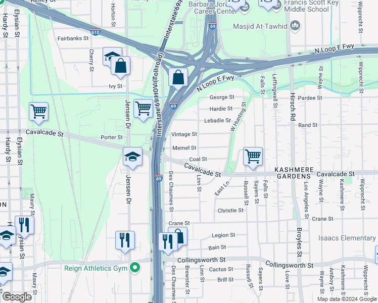 map of restaurants, bars, coffee shops, grocery stores, and more near 3126 Memel Street in Houston