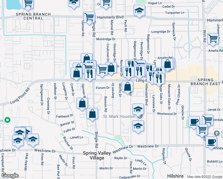 map of restaurants, bars, coffee shops, grocery stores, and more near 8529 Forum Drive in Houston