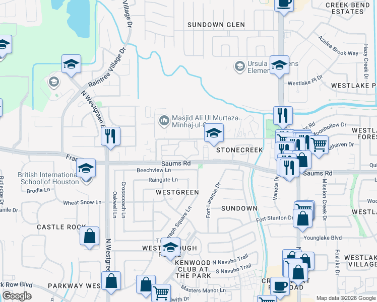 map of restaurants, bars, coffee shops, grocery stores, and more near 20300 Saums Road in Katy