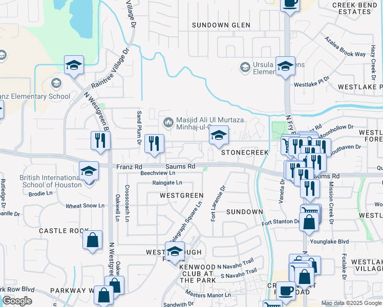 map of restaurants, bars, coffee shops, grocery stores, and more near 20400 Saums Road in Katy