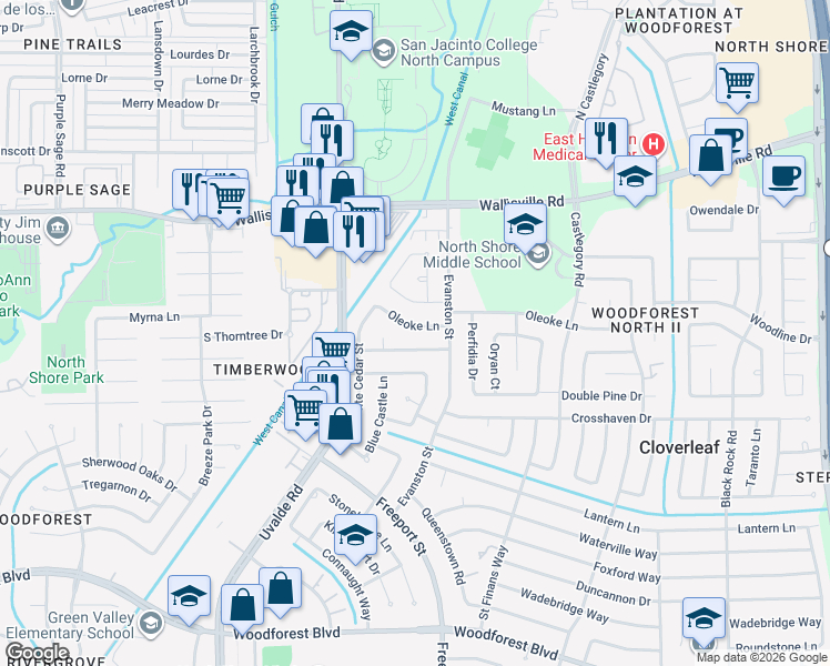map of restaurants, bars, coffee shops, grocery stores, and more near 13706 Oleoke Lane in Houston