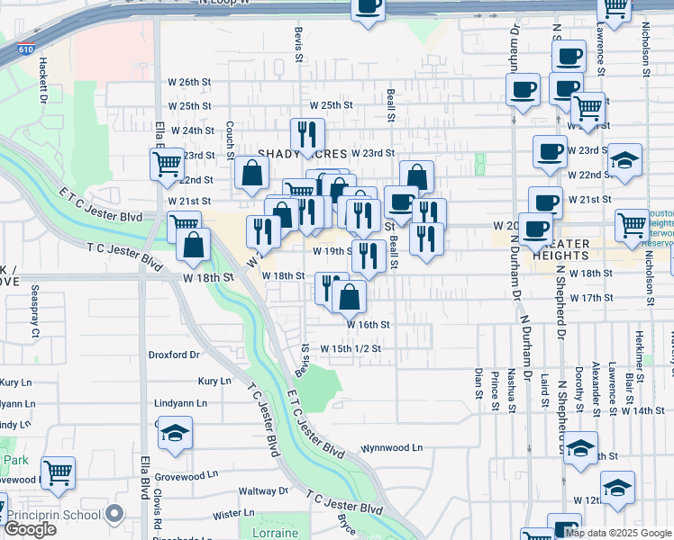 map of restaurants, bars, coffee shops, grocery stores, and more near 1220 West 19th Street in Houston