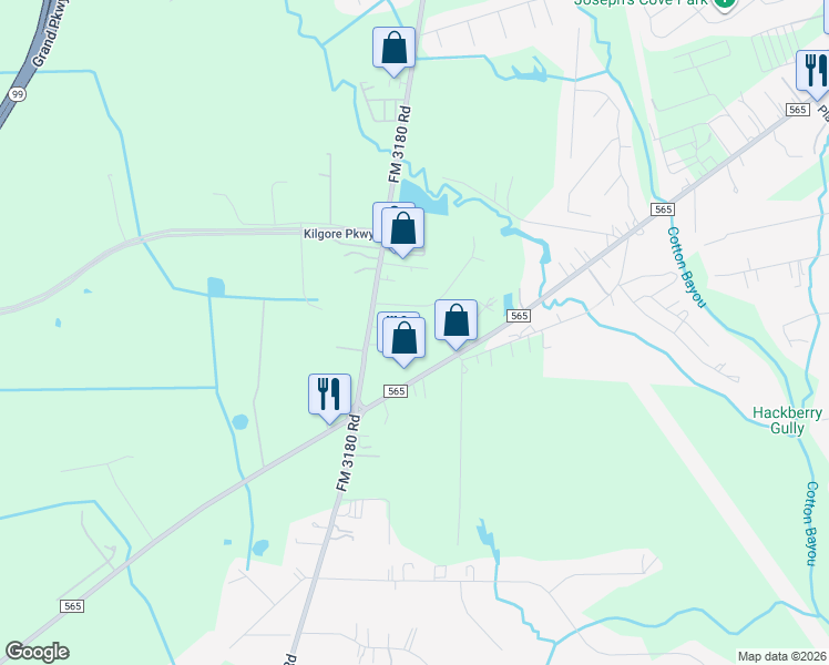 map of restaurants, bars, coffee shops, grocery stores, and more near 4519 Sarah Lane in Baytown