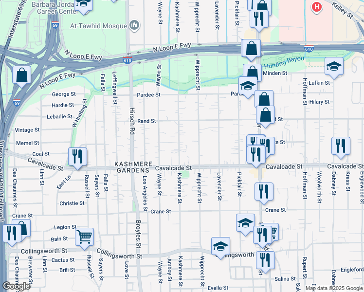 map of restaurants, bars, coffee shops, grocery stores, and more near 4514 Kashmere Street in Houston