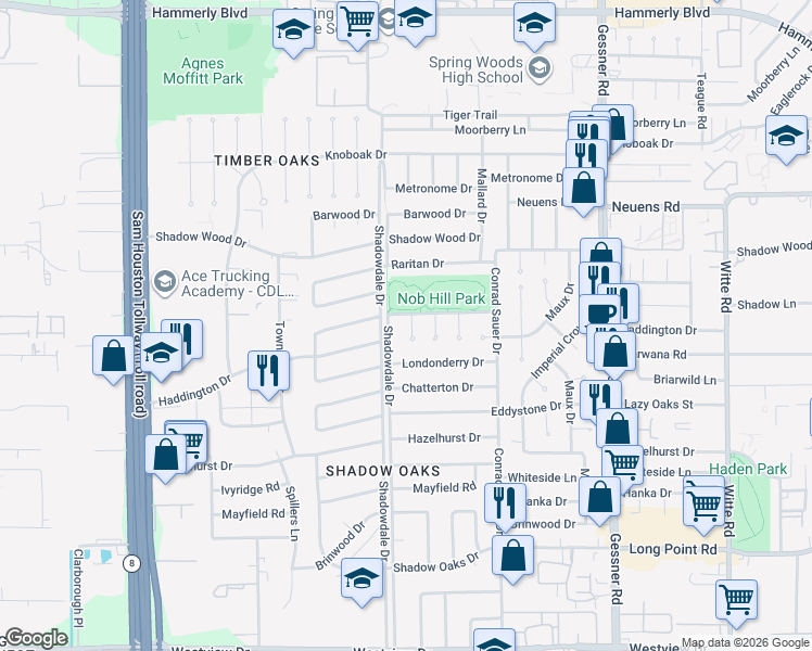 map of restaurants, bars, coffee shops, grocery stores, and more near 1715 Springwell Drive in Houston