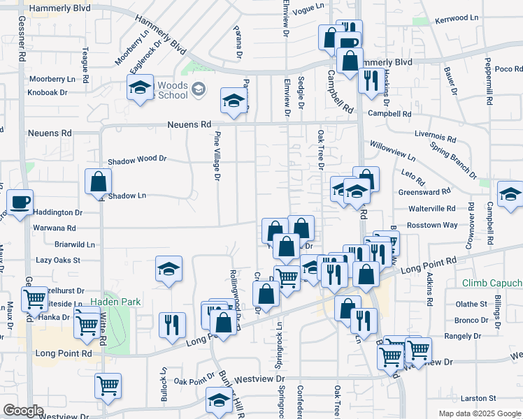 map of restaurants, bars, coffee shops, grocery stores, and more near 1636 Crestdale Drive in Houston
