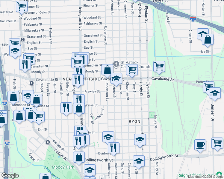 map of restaurants, bars, coffee shops, grocery stores, and more near 4607 Cochran Street in Houston