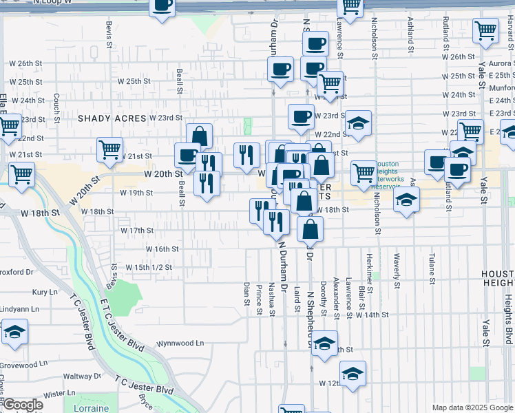 map of restaurants, bars, coffee shops, grocery stores, and more near 829 West 18th Street in Houston