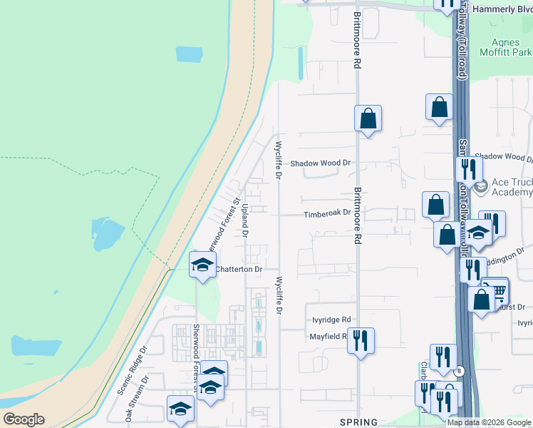 map of restaurants, bars, coffee shops, grocery stores, and more near 11005 Upland Forest Drive in Houston