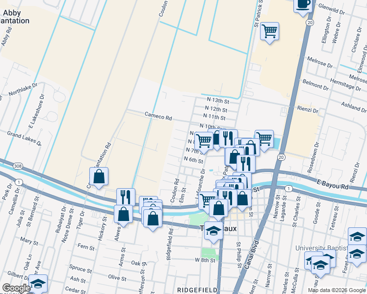 map of restaurants, bars, coffee shops, grocery stores, and more near 122 Azalea Street in Thibodaux