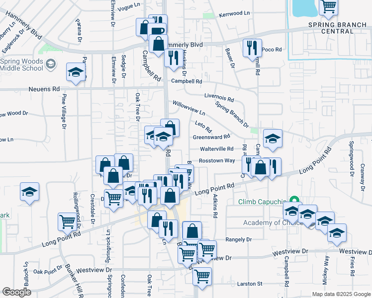 map of restaurants, bars, coffee shops, grocery stores, and more near 1735 Benbow Way in Houston