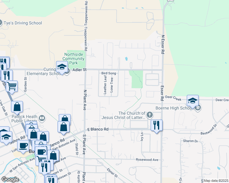 map of restaurants, bars, coffee shops, grocery stores, and more near 413 English Oaks Circle in Boerne