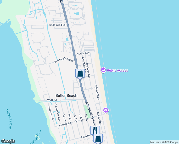map of restaurants, bars, coffee shops, grocery stores, and more near 5073 Atlantic View in St. Augustine