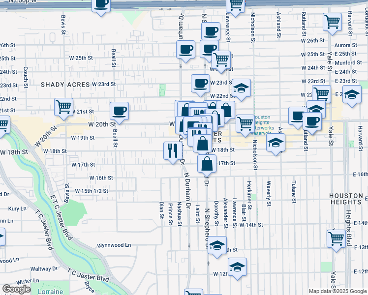 map of restaurants, bars, coffee shops, grocery stores, and more near 747 West 18th Street in Houston