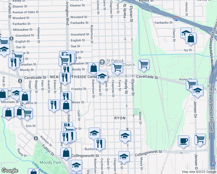 map of restaurants, bars, coffee shops, grocery stores, and more near 4604 Gano Street in Houston