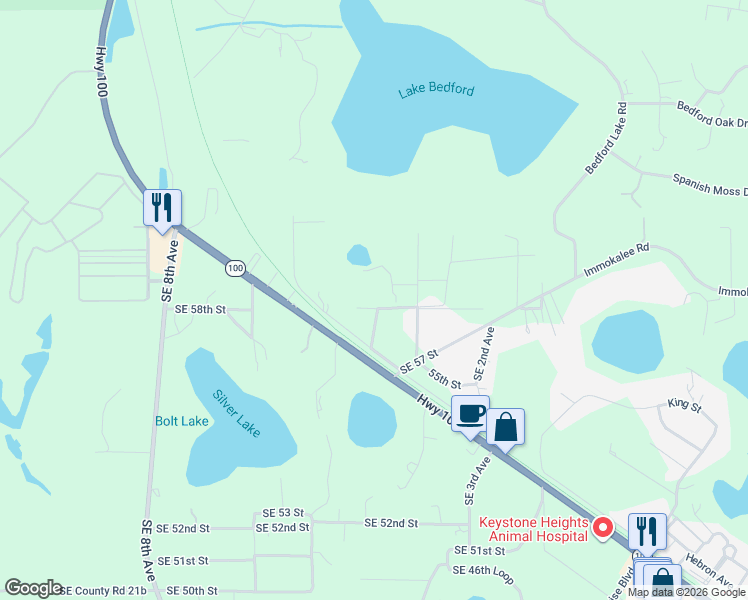 map of restaurants, bars, coffee shops, grocery stores, and more near 589 Southeast 58th Street in Keystone Heights