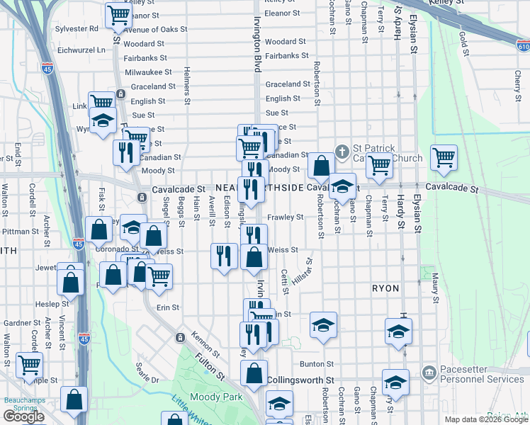 map of restaurants, bars, coffee shops, grocery stores, and more near 4602 Irvington Boulevard in Houston