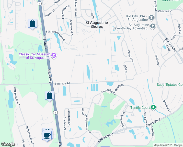 map of restaurants, bars, coffee shops, grocery stores, and more near 97 Amistad Drive in St. Augustine