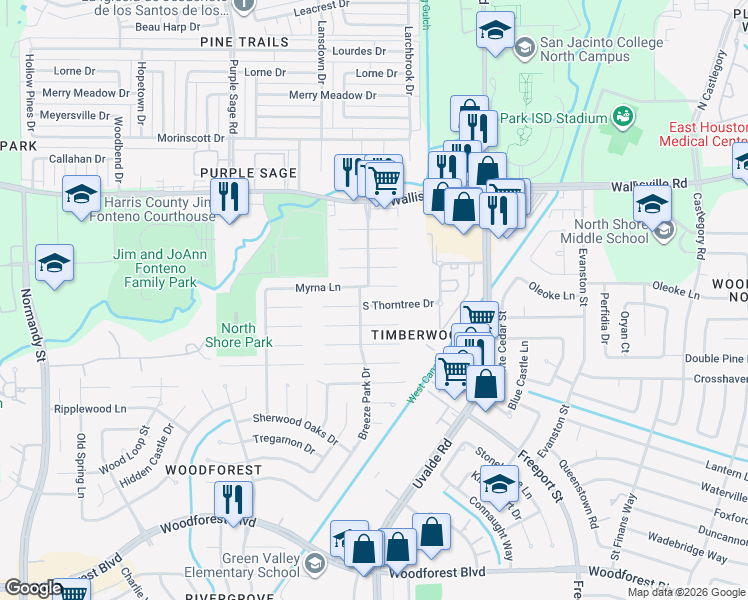 map of restaurants, bars, coffee shops, grocery stores, and more near 13415 South Thorntree Drive in Houston