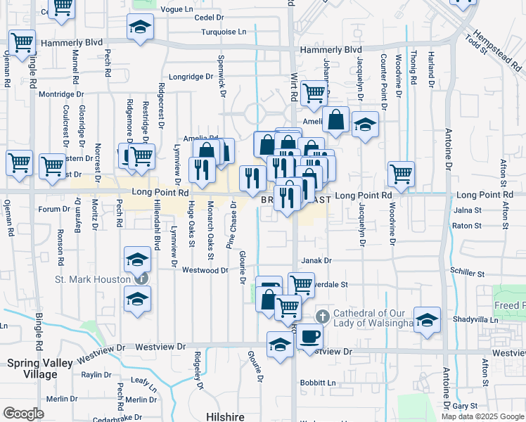 map of restaurants, bars, coffee shops, grocery stores, and more near 1737 French Village Drive in Houston