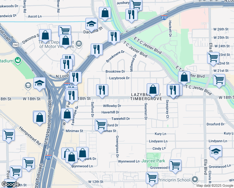 map of restaurants, bars, coffee shops, grocery stores, and more near 1807 Greengrass Court in Houston
