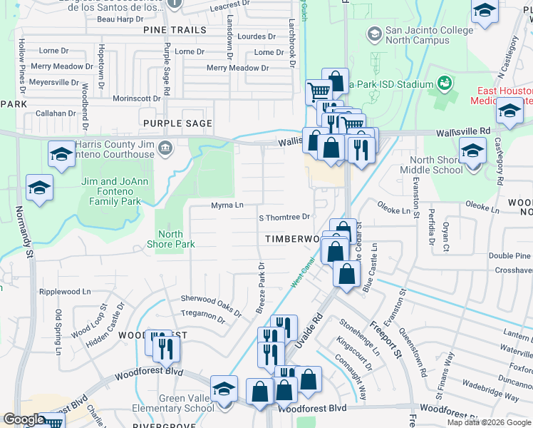 map of restaurants, bars, coffee shops, grocery stores, and more near 13415 South Thorntree Drive in Houston