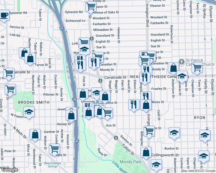 map of restaurants, bars, coffee shops, grocery stores, and more near 4605 Siegel Street in Houston