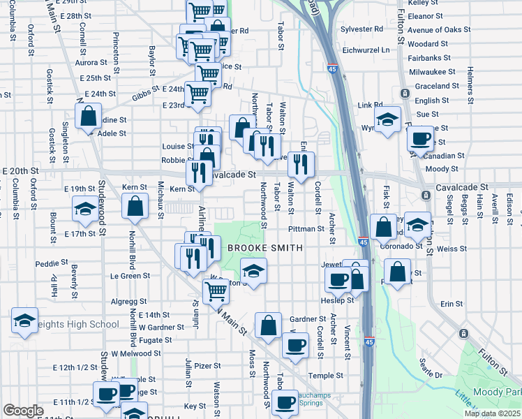 map of restaurants, bars, coffee shops, grocery stores, and more near 1220 Mathis Street in Houston