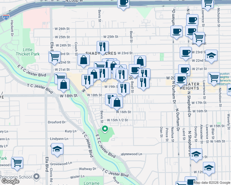 map of restaurants, bars, coffee shops, grocery stores, and more near 1220 West 19th Street in Houston