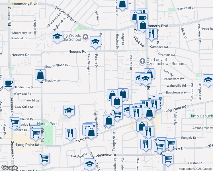 map of restaurants, bars, coffee shops, grocery stores, and more near 1636 Crestdale Drive in Houston