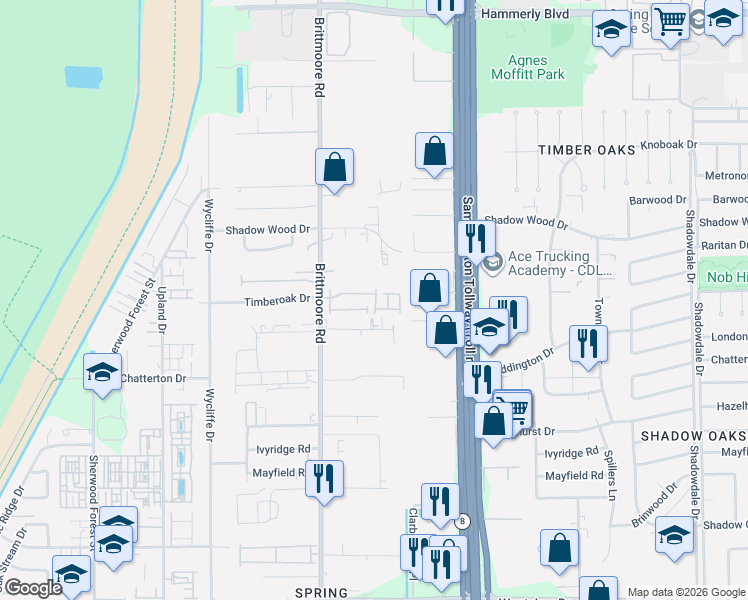 map of restaurants, bars, coffee shops, grocery stores, and more near 1950 Brittmoore Road in Houston